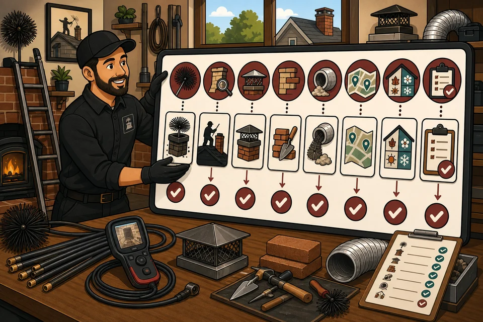 Chimney Sweep trust-builder illustration for every major offer has a path.